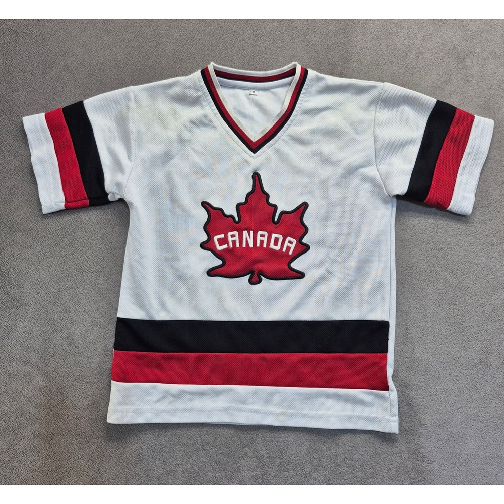 Kids Canada Maple Leaf Hockey Jersey White Red Black Mesh V-Neck Youth Medium